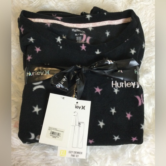 Hurley Other - Hurley fleece pajama set black with white pink stars Woman’s size XL